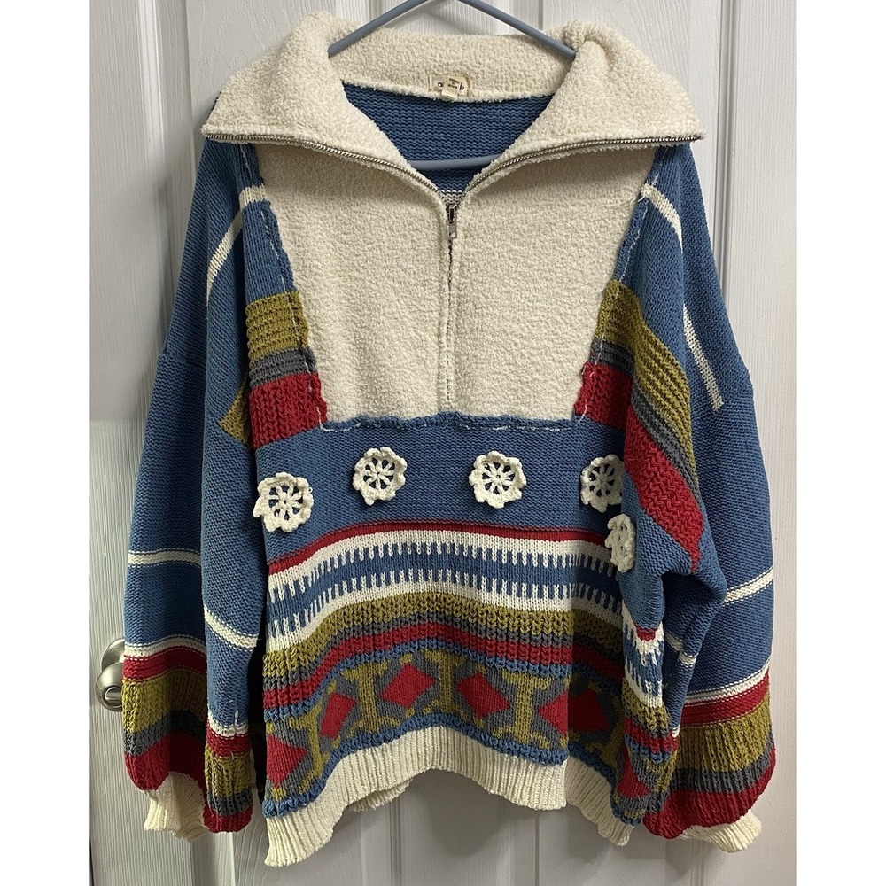 POL Women Cozy Retro Oversized Boho 1/2  Zip Sweater Sz. L/ XL/1XL  Ivory & Blue